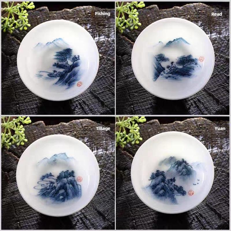 Blue and White Porcelain Tea Cups Set - Hand-Painted Landscape 4-Piece 40ml, Gongfu Chinese Tea Tasting Cups, Fine China