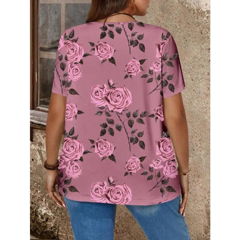 Summer Women's T Shirt Plus Size Flower Print Casual Short Sleeve 3d Fashion Streetwear V Neck Pullover Female Clothing Shirt