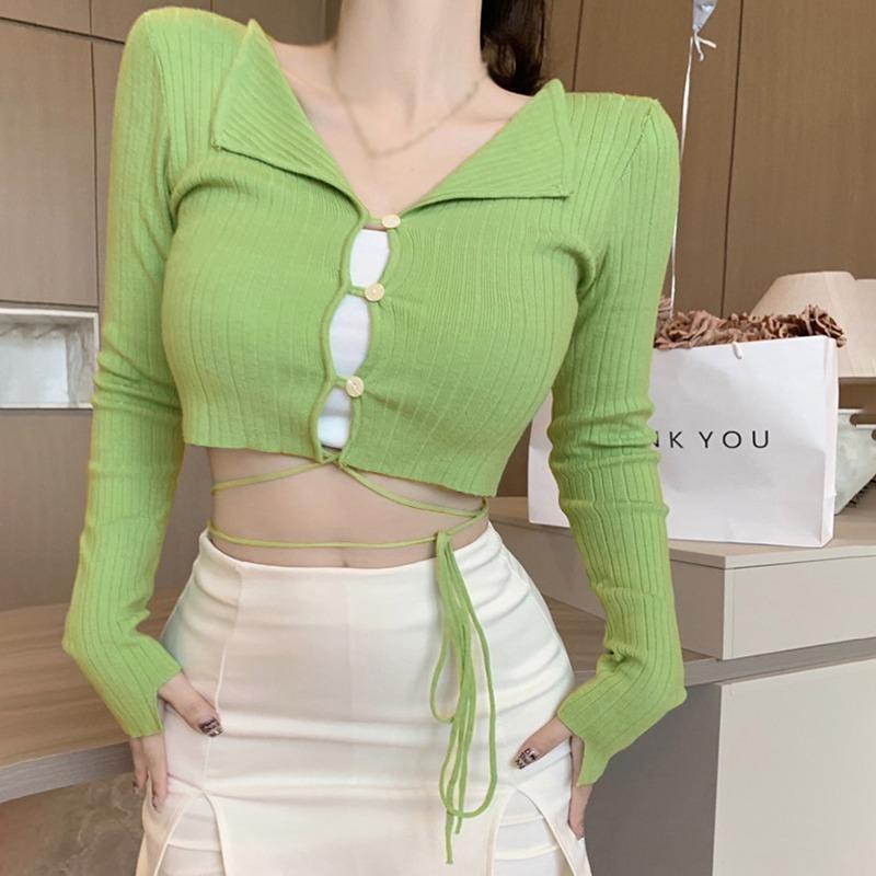 Women's Sweater Outer Coat Long Sleeve Bandage Hollow Single Breasted