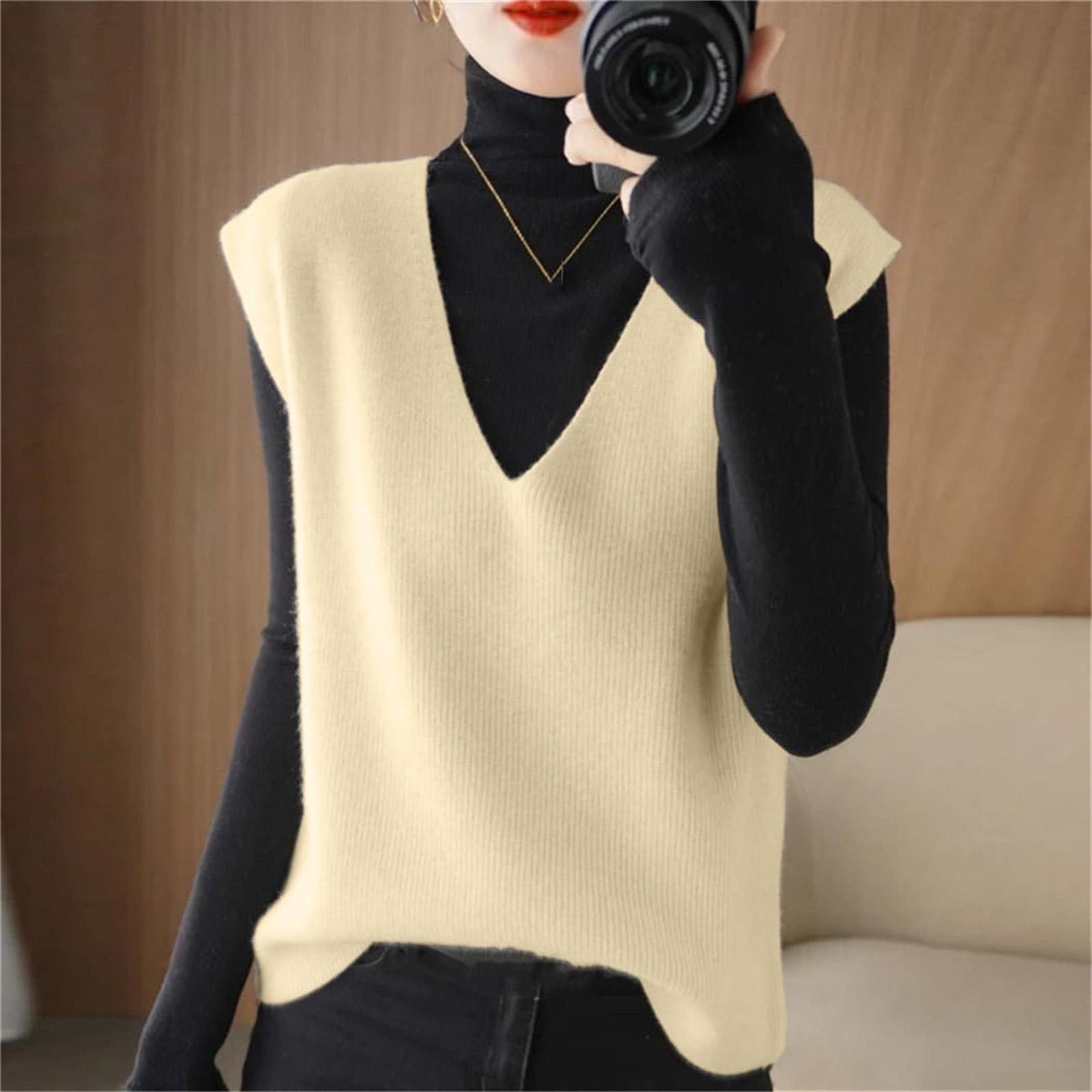 

Women s V Neck Pullover Sweater Vest Sleeveless Loose Fit Knitwear Casual Outerwear Layering Top XL білий