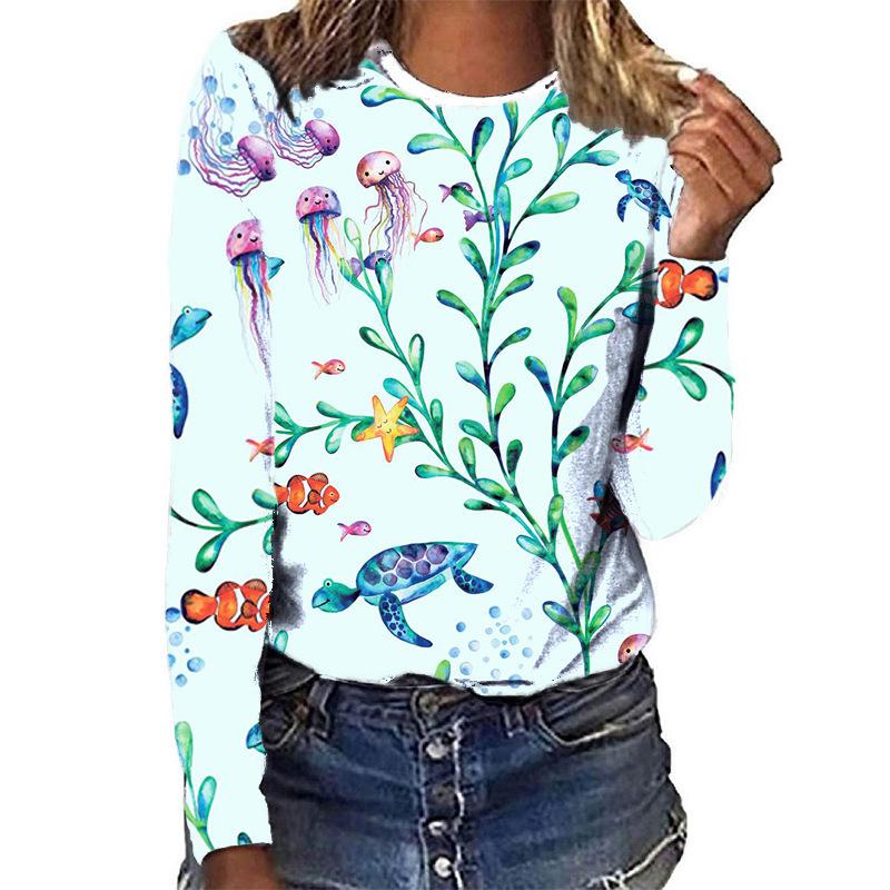 

Весенне-осенние футболки с круглым вырезом, с 3D-принтом в виде коралловой раковины и раковины конха, модные повседневные женские футболки с длинным рукавом S