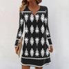 Women's Long-sleeved Casual Midi Dresses V-Neck Print  Casual Dress