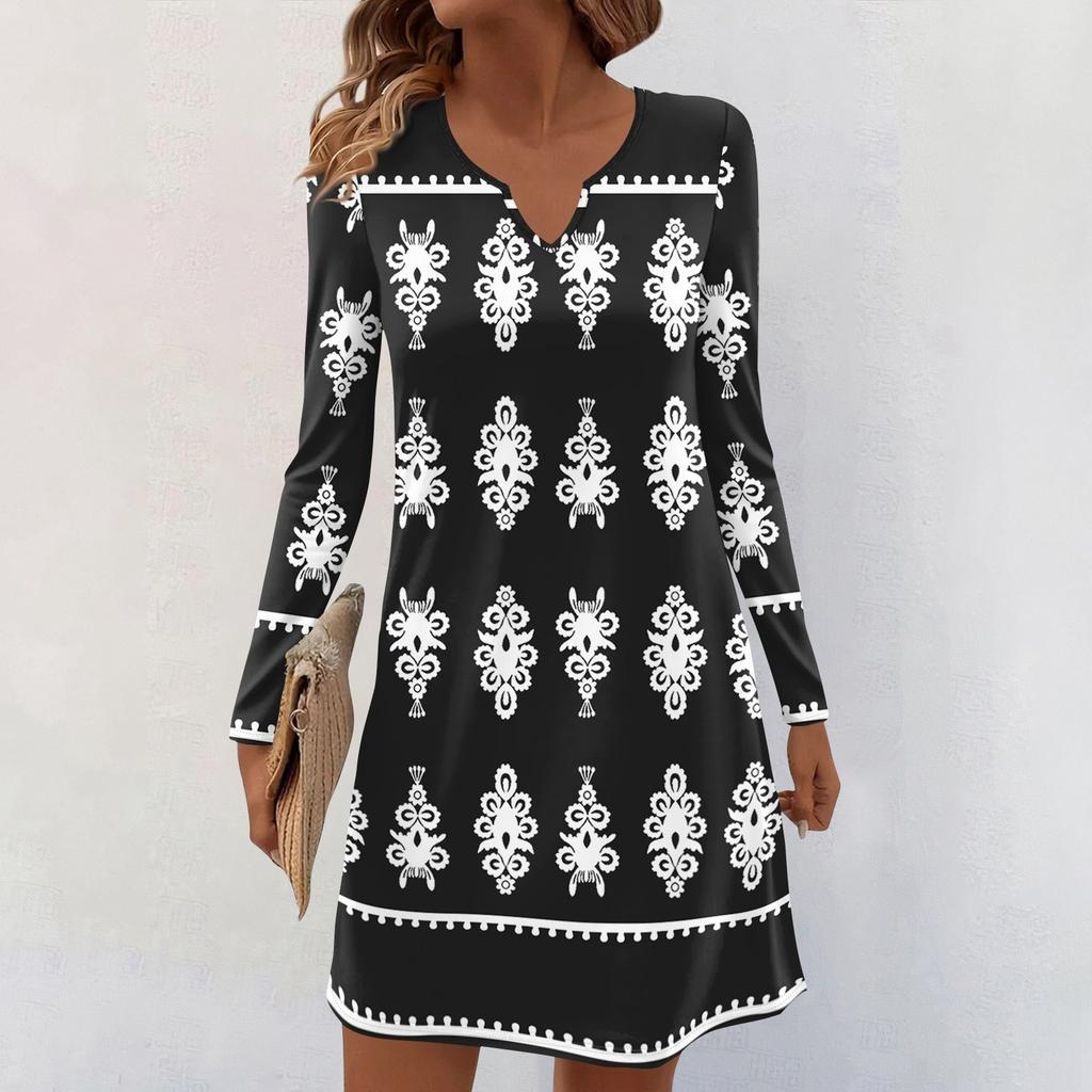 Women's Long-sleeved Casual Midi Dresses V-Neck Print  Casual Dress