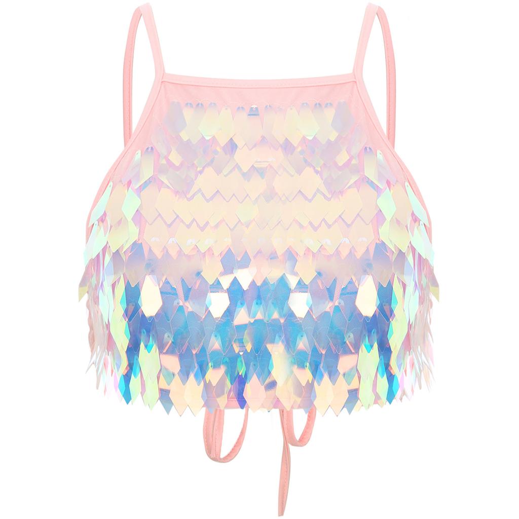 Women Sequin Tassel Bra Top Spaghetti Straps Lace Up Back Crop Camisole Belly Dance Clubwear