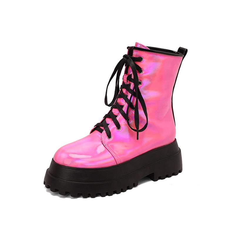 

Double Layer Platform Shiny Patent Leather Flat Bottom Boots Plush Inner Lining Lace Up Autumn New Women s Boots 36