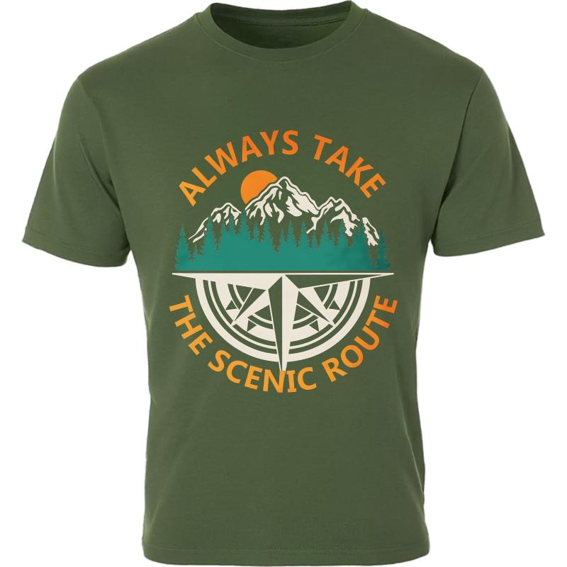 Big Size Summer Women T Shirt Always Take The Scenic Route Mountains Compass Sunset Trees Short Sleeve Adult ONeck Tees