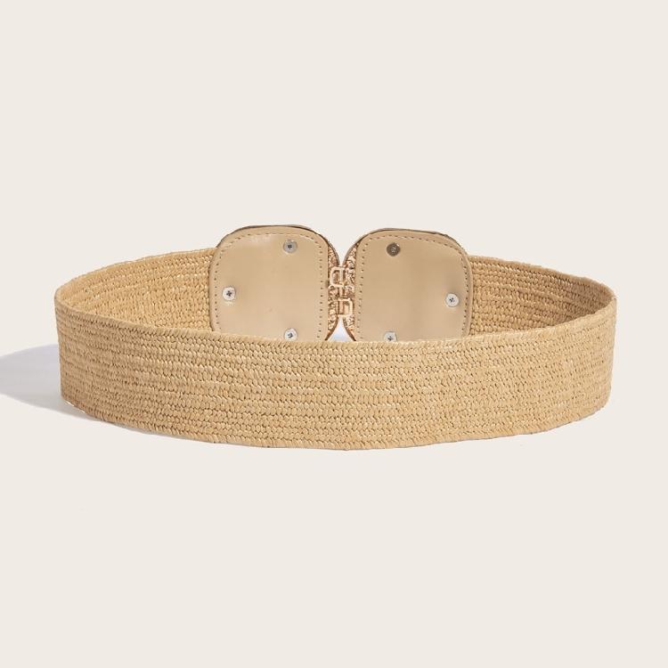 Weaving Waist Belt for Women Straw Weaving Braided Dress Belt with Gold Buckle