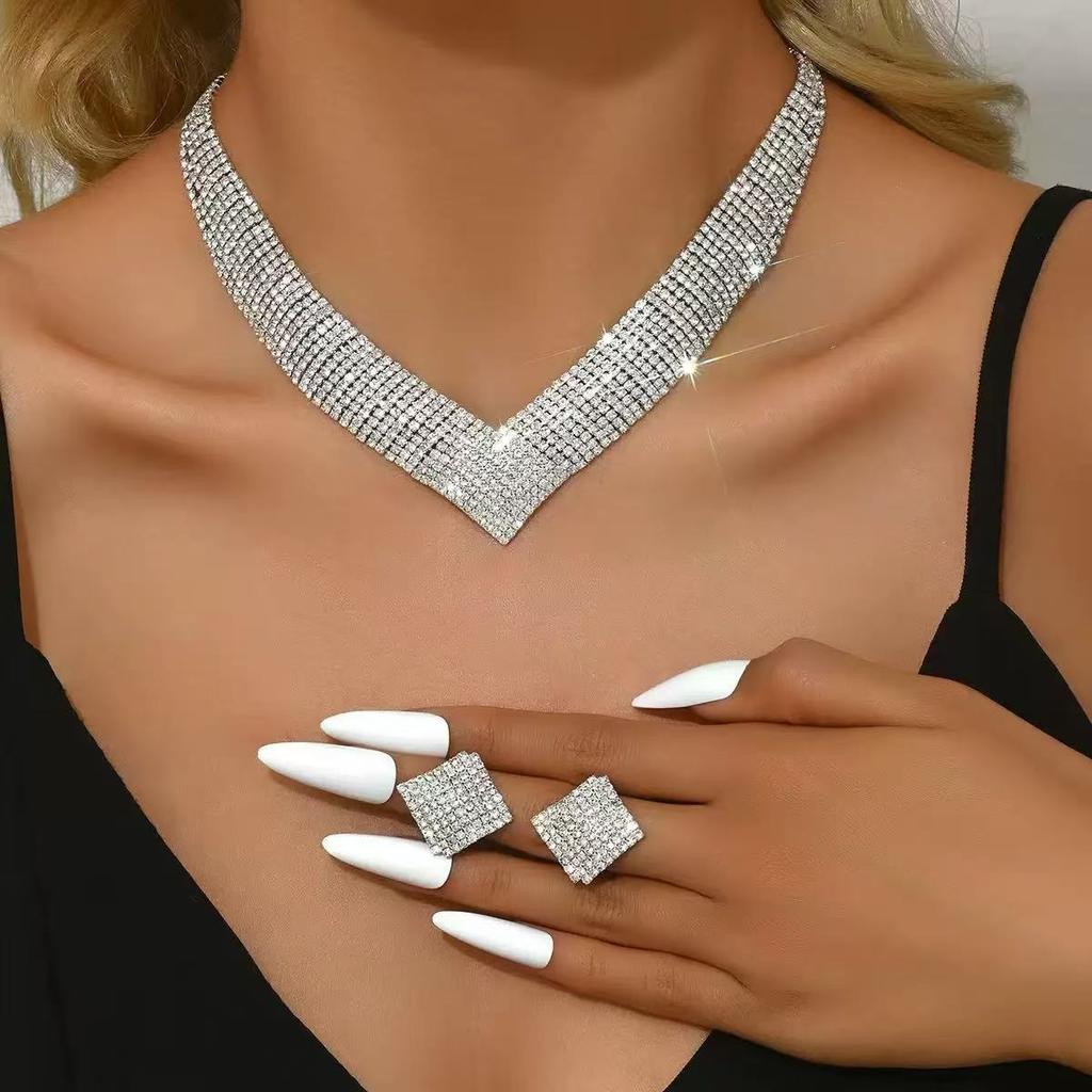 3Pcs Fashionable Rhinestones Necklaces Earrings Jewelry Set Women'S Wedding Accessories Gift