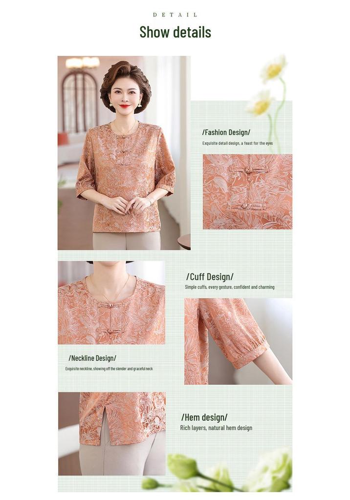 Mom's Summer Seven-Sleeve Chinese Style Shirt: 2023 Fashion for Middle-Aged and Elderly Women.