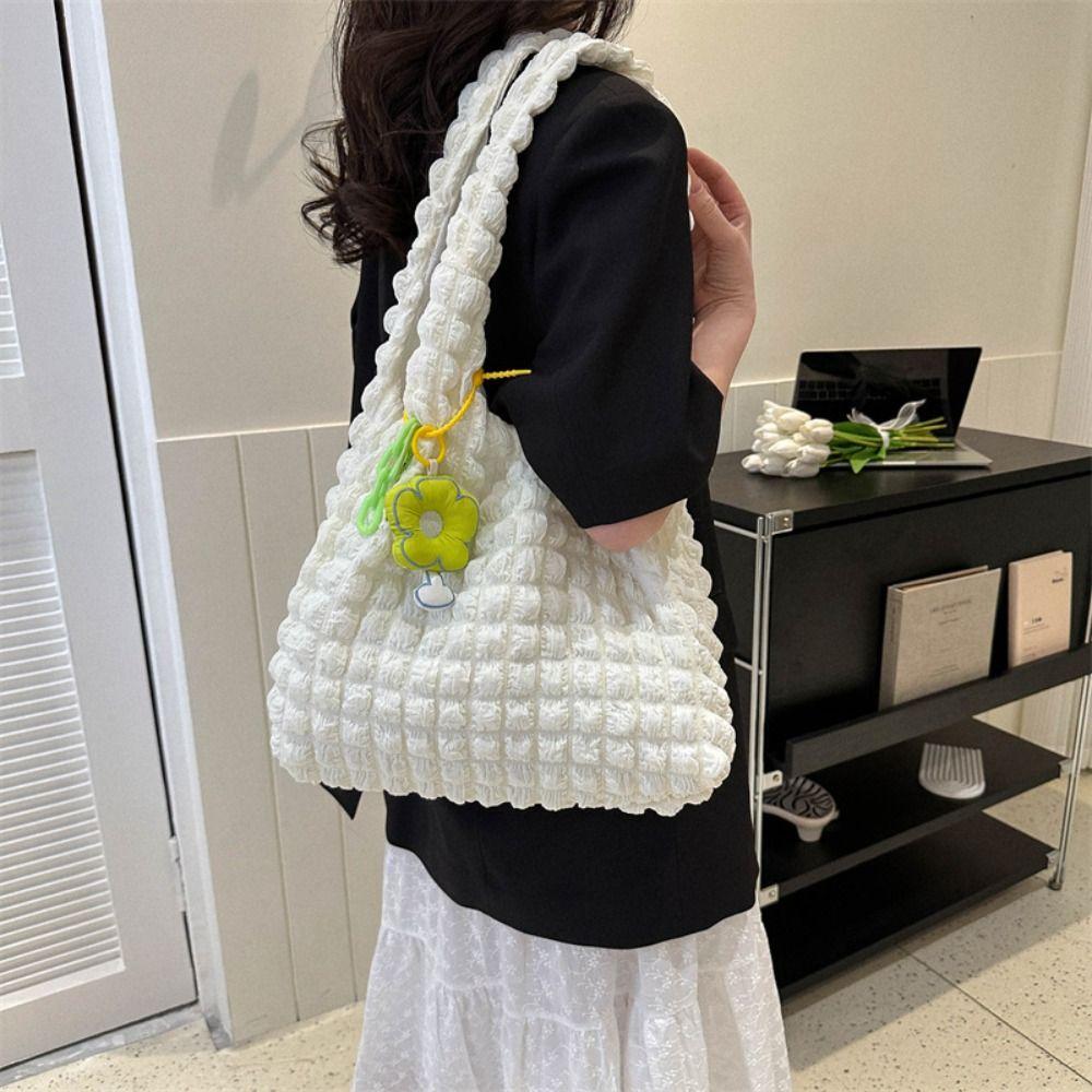 Solid Color Plaid Crossbody Bag Korean Style Pleated Tote Bag Cute Cloud Bubble Shoulder Bag Girls