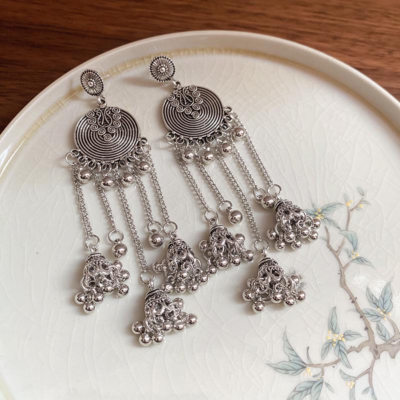 Retro Ethnic Style Round Wind Chime Earrings with Tassel and Silver Needle - High-Grade Metallic Texture for Women