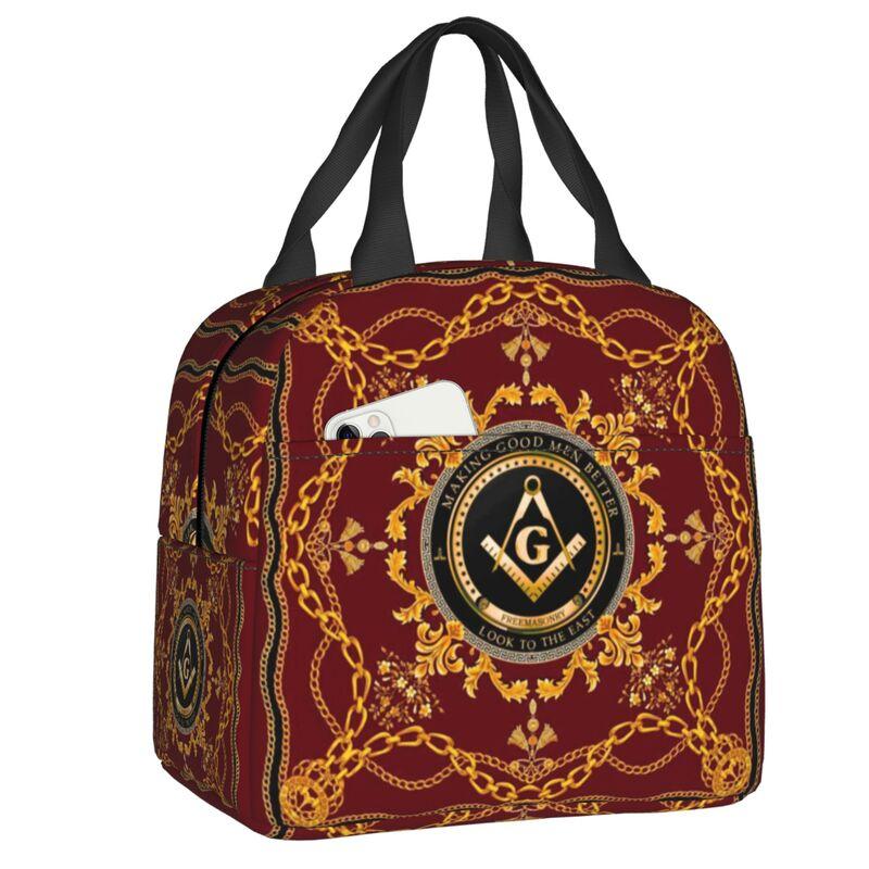 Custom Freemason Square & Compass Gold Masonic Thermal Insulated Lunch Bag Women Resuable Lunch Tote for Picnic Storage Food Box