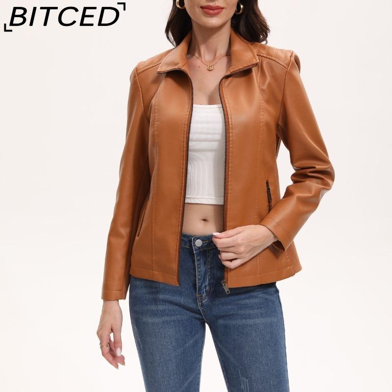 BITCED Fashion Women's Leather Jacket, Short Leather Jacket, Knitted Patchwork Stretch Coat