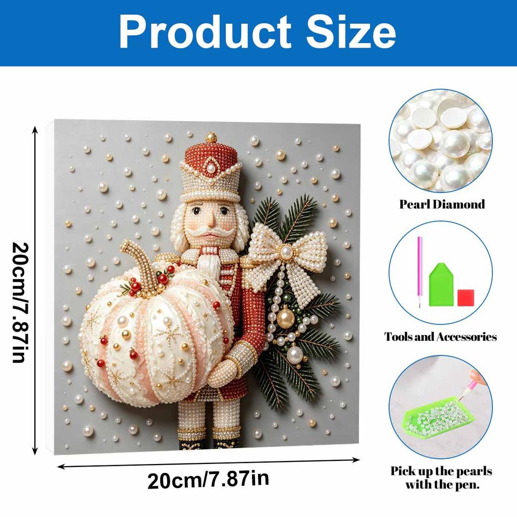 Framed Pearl Art DIY Kit with Nutcracker and Pumpkin Christmas Pattern 3D Sparkling Bead Canvas Painting Handmade Gift for Home Decoration