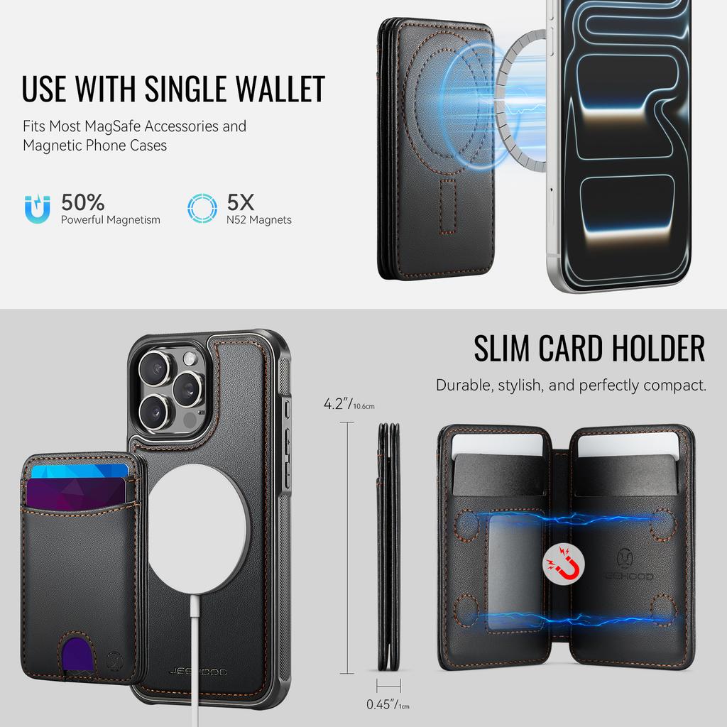 For iPhone 12 Pro 6.1 inch/iPhone 12 6.1 inch Case JEEHOOD J10 Compatible with MagSafe Leather Back Phone Cover with Detachable Card Holder Kickstand