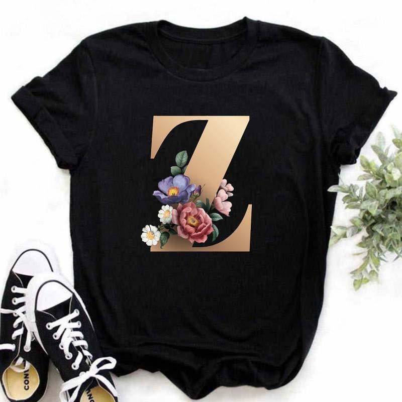 A B C D E Druck T-Shirt für Damen Neues Sommer Paare Liebhaber Damen T-Shirt Harajuku Lässig Schwarze Oberteile T-Shirts