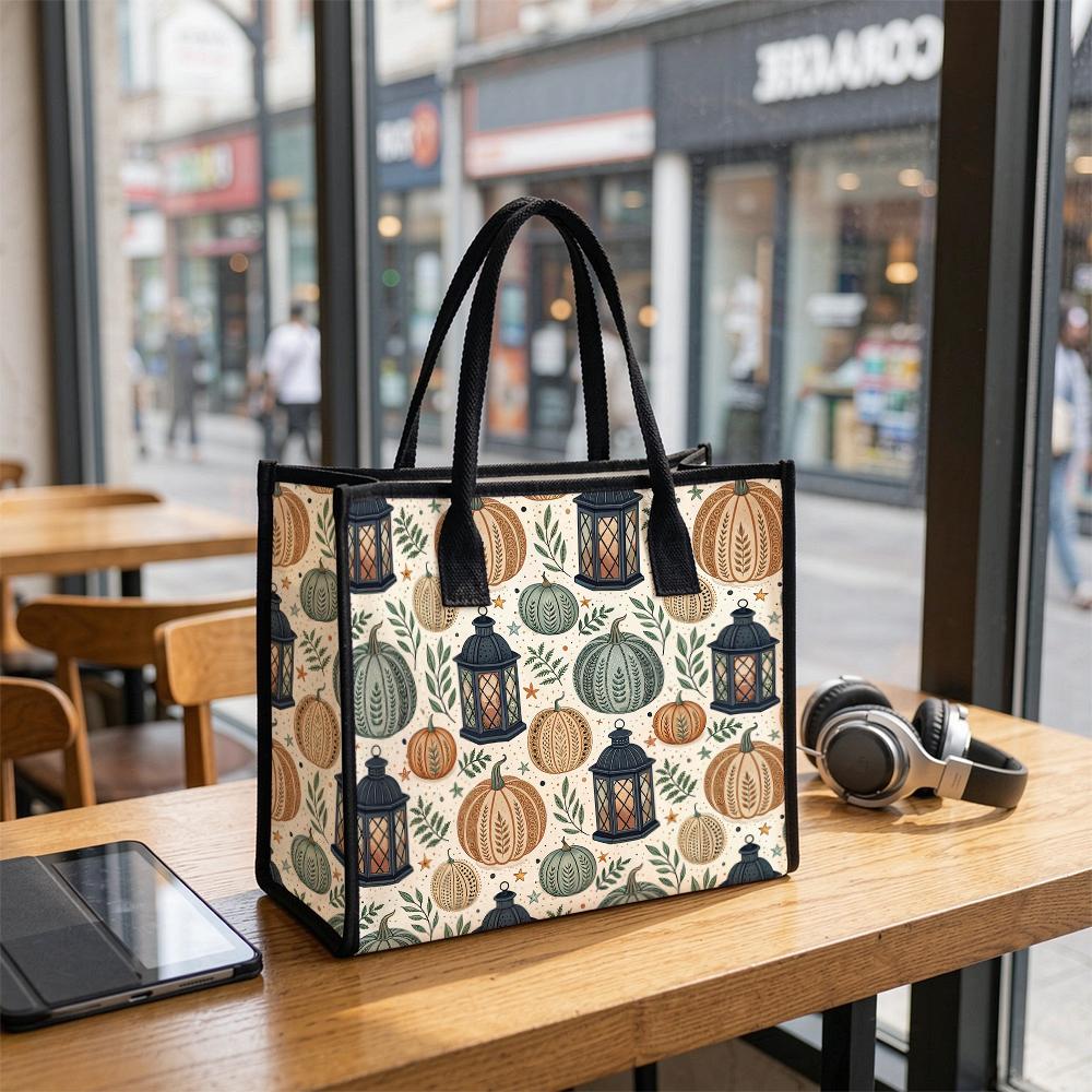Autumn Pumpkin Print Casual Tote Bag Large Capacity Daily Handbag for Outdoor Shopping Use