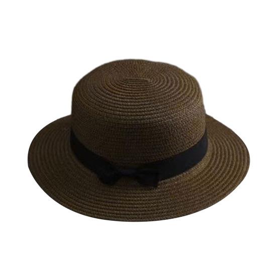 Beach Straw Hat Flat Top Wide Brim Sun Protection Hat with Black Ribbon Bow Hand-Woven Breathable Summer Hat