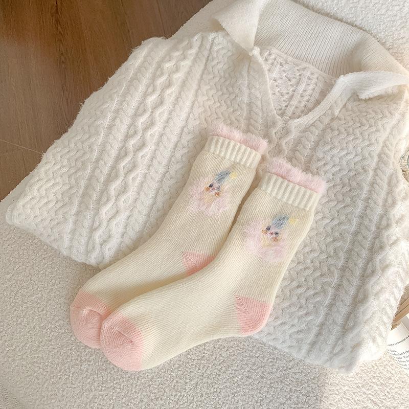 

Women s Woolen Socks, Thickened Winter Mid-calf Socks, Warm Sleep Floor Socks, Postpartum Socks, Looped and Fleece Snow Socks 1 pair светло-розовый