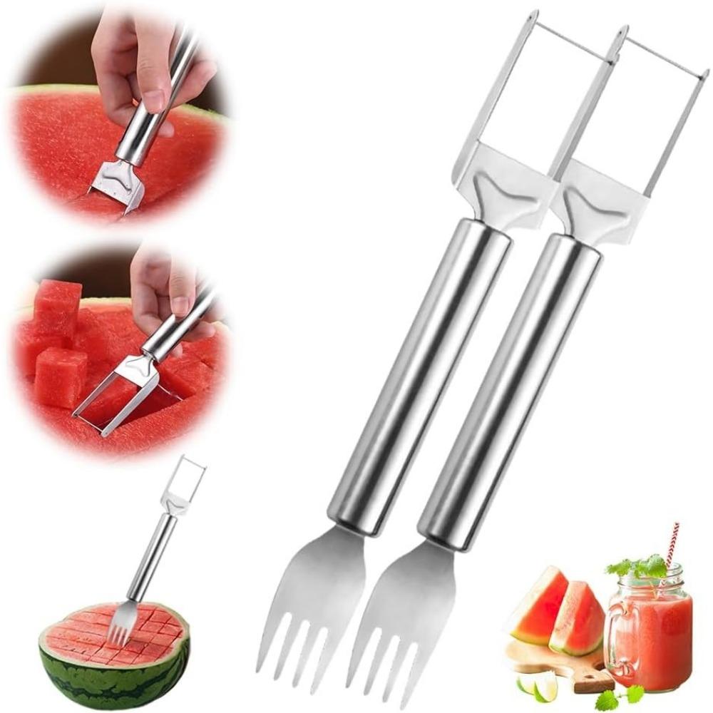 2-in-1 Stainless Steel Watermelon Cutter, Watermelon Slicer, Fruit Watermelon Cutting Tool, Double Head Stainless Steel Watermelon Cutter & Fruit Fork
