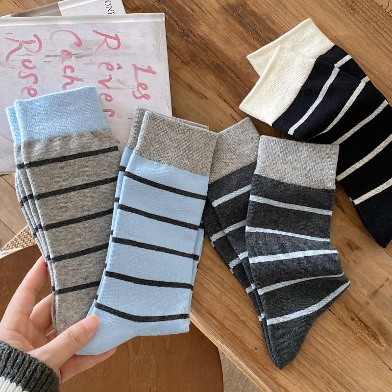 Women's Autumn and Winter Color-blocking Striped Mid-calf Socks, Versatile Color-blocking Long Calf Socks, Boneless Pile Socks for Women