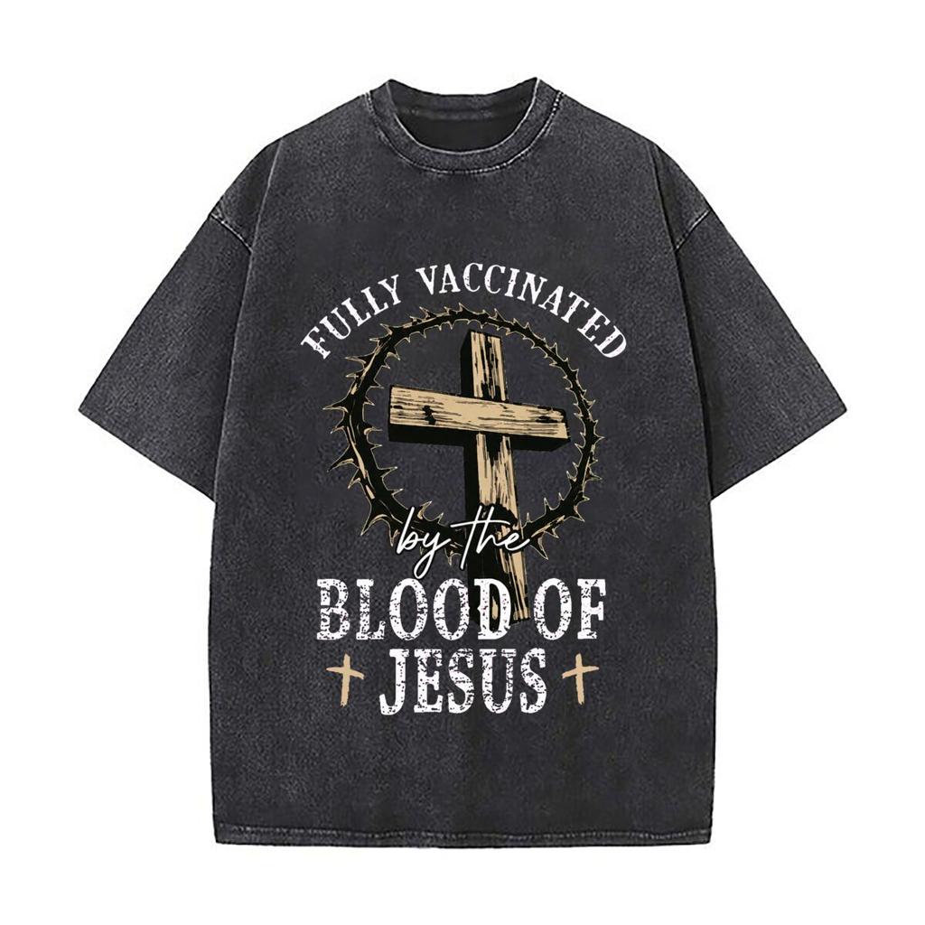 By The Cross Crown Of Thorns Christian Graphic Washed Vintage Short Sleeve Loose Streetwear Tee