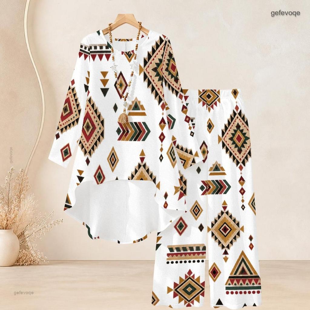 Women Plus Size Round Neck Long Sleeve Printed High Low Top Wide Leg Pants Two Piece Set