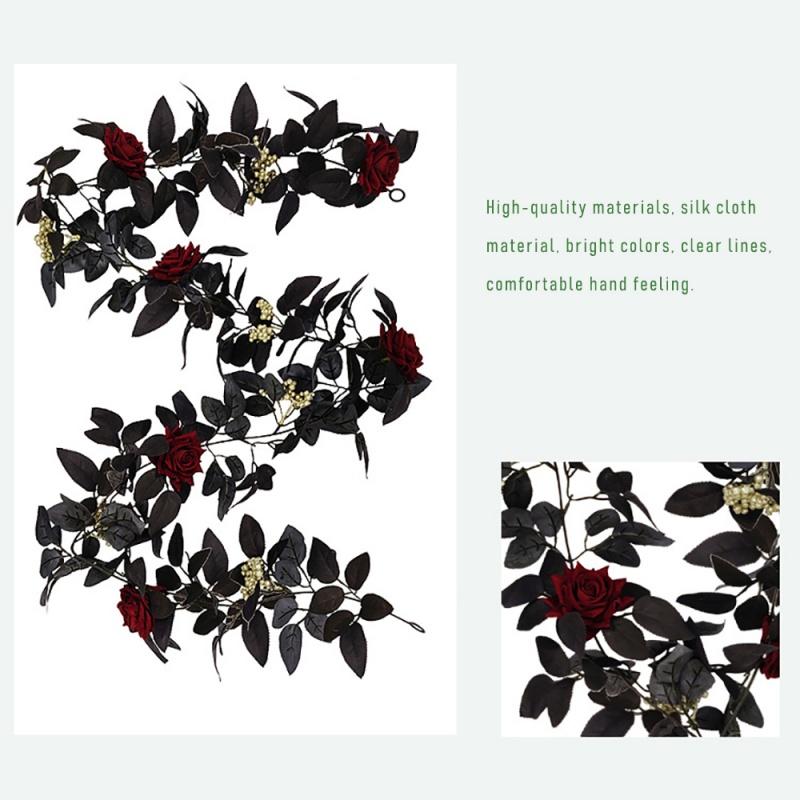 180CM Wall Hanging Artificial Plant Fake Flower Vine Halloween Simulation Black Flower Rose Hanging Garland For Fireplace Decor