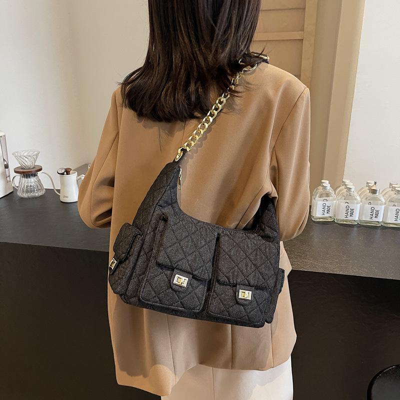 2025 Ming New Casual Versatile Washed Multi-Pocket Denim Bag Chain One Shoulder Underarm Bag Women's Bag