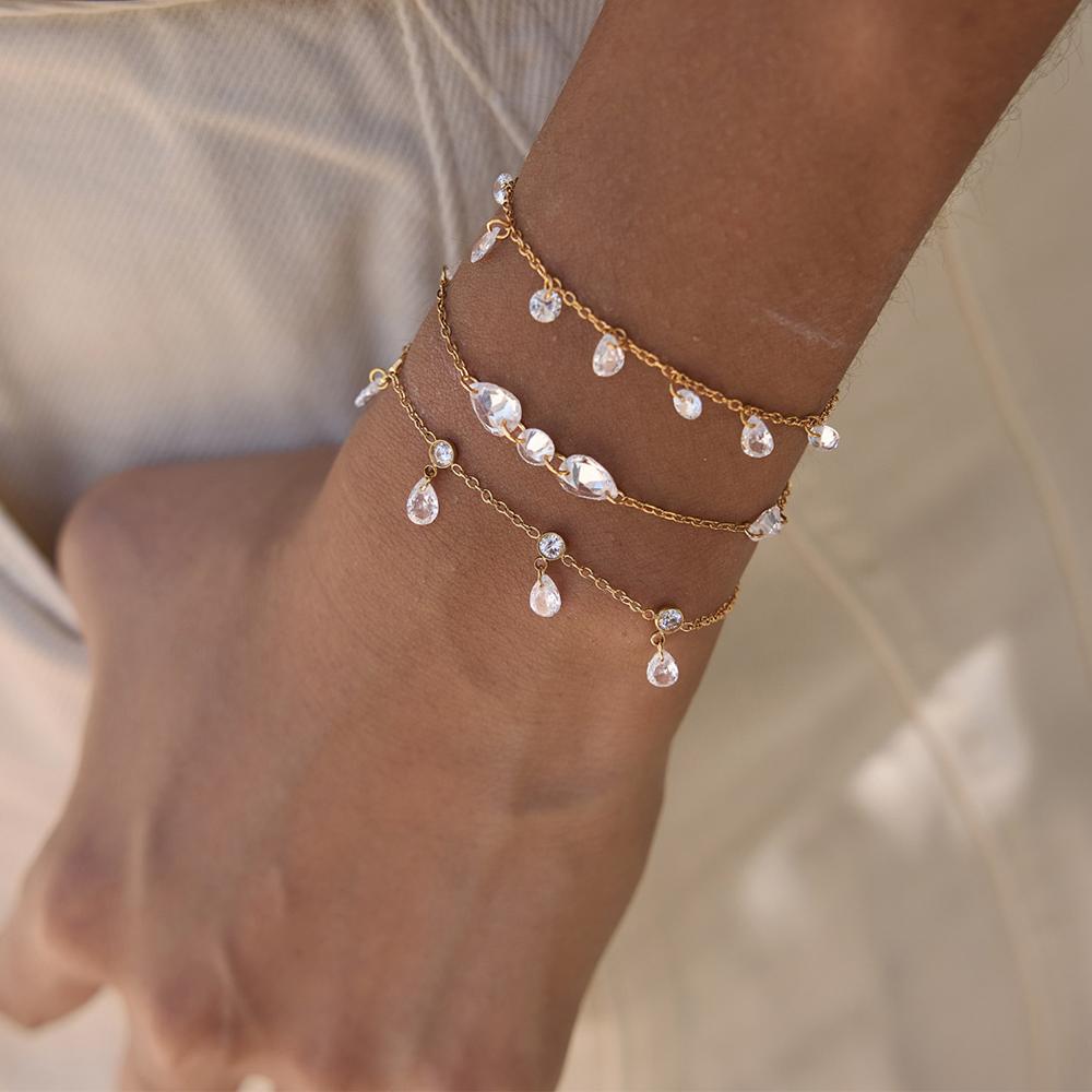 Stainless Steel Crystal Pendant Bracelet for Women Gold Color Dangle Teardrop Zircon Chain Dainty Charm Jewelry Summer Gift