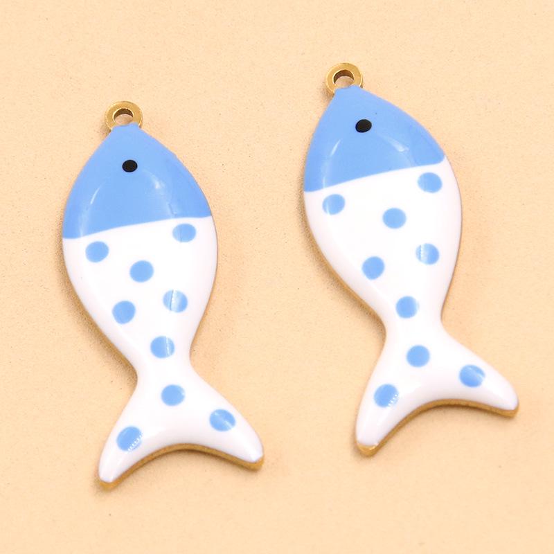 Polka Dot Fish Pendant: 12x31mm Gold Enamel Stainless Steel DIY Charm - 5 Colors, Double-Sided 1 Piece