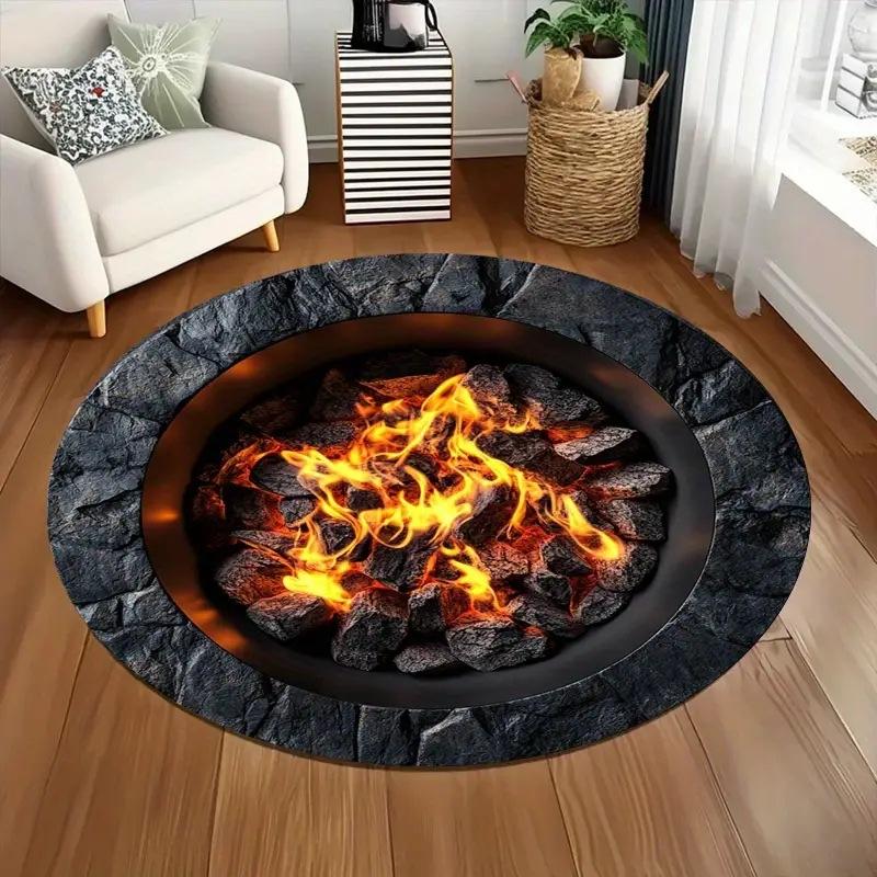 3D Vision Fire Pit Rug Anti-slip Living Room Decoration Round Carpet Waterproof Rugs for Bedroom Washable Bedside Creative Mat