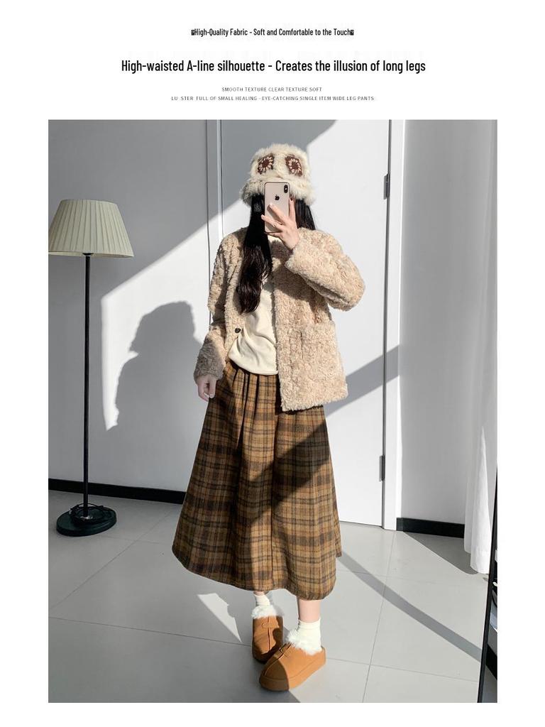 Korean Retro Plaid Woolen A-line Skirt for Women - High Waist Winter Long Skirt