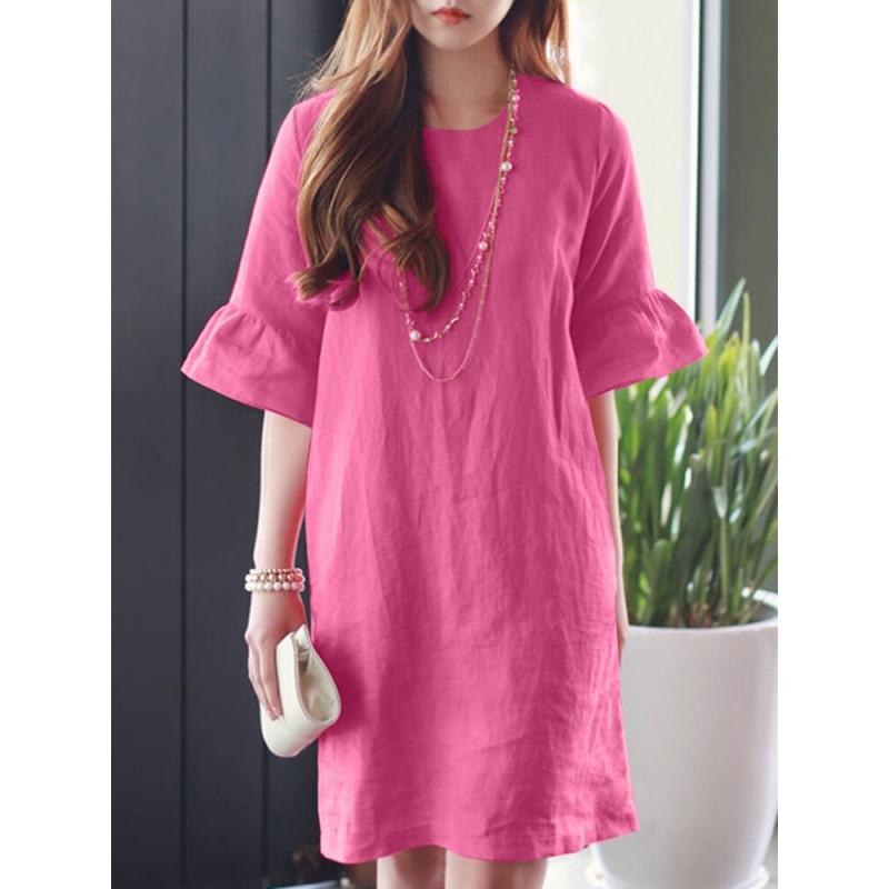 Bomull Lin Kjole Dame Sommer Kort Erme Casual Løs Kjole Dame Gate T-skjorte Kjole Vestidos