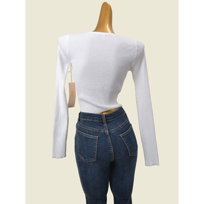 American High Waist Top Drawstring Rhinestone Thread High Elastic Short Slim Long Sleeve Knitwear Export Original Sample Women's Clothes