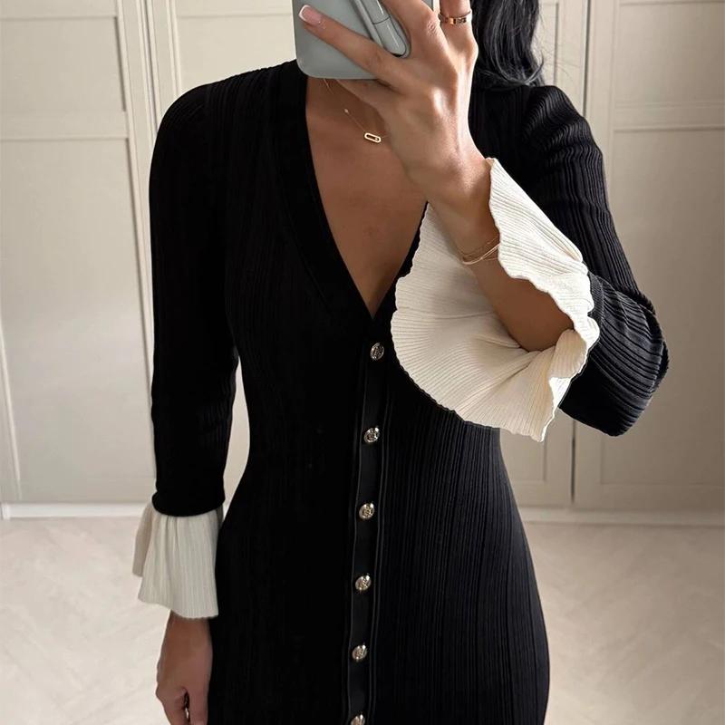 LYRIA Elegant Knitted V-neck Long Dress Women Patchwork Single Breasted Long Puff Sleeve Slim Dresses Chic Female Hip Package Vestidos