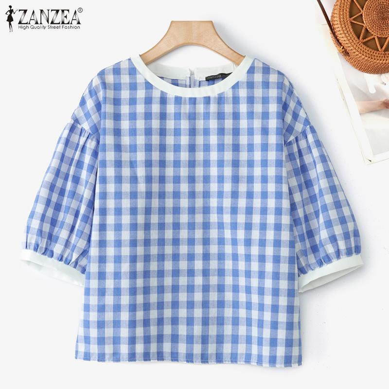 ZANZEA Women Casual Round Neck Half Sleeve Grid Print Blouse