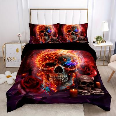 Set copripiumino con teschio e fiamma rosa colorata - Biancheria da letto morbida e traspirante per camera da letto, camera degli ospiti e arredamento del dormitorio con federe