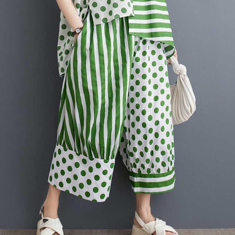 

Весенне-летняя футболка с коротким рукавом, в горошек, с цветными блоками, комплект из двух предметов: укороченные брюки, повседневный и модный One size