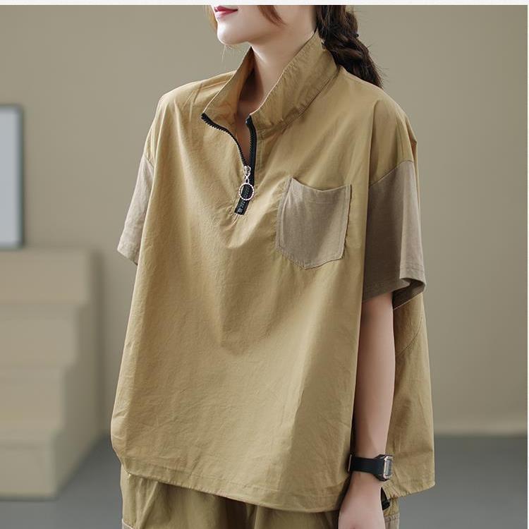 Pohodlný 2dílný set s jednobarevnými volnými šortkami a topem na zip