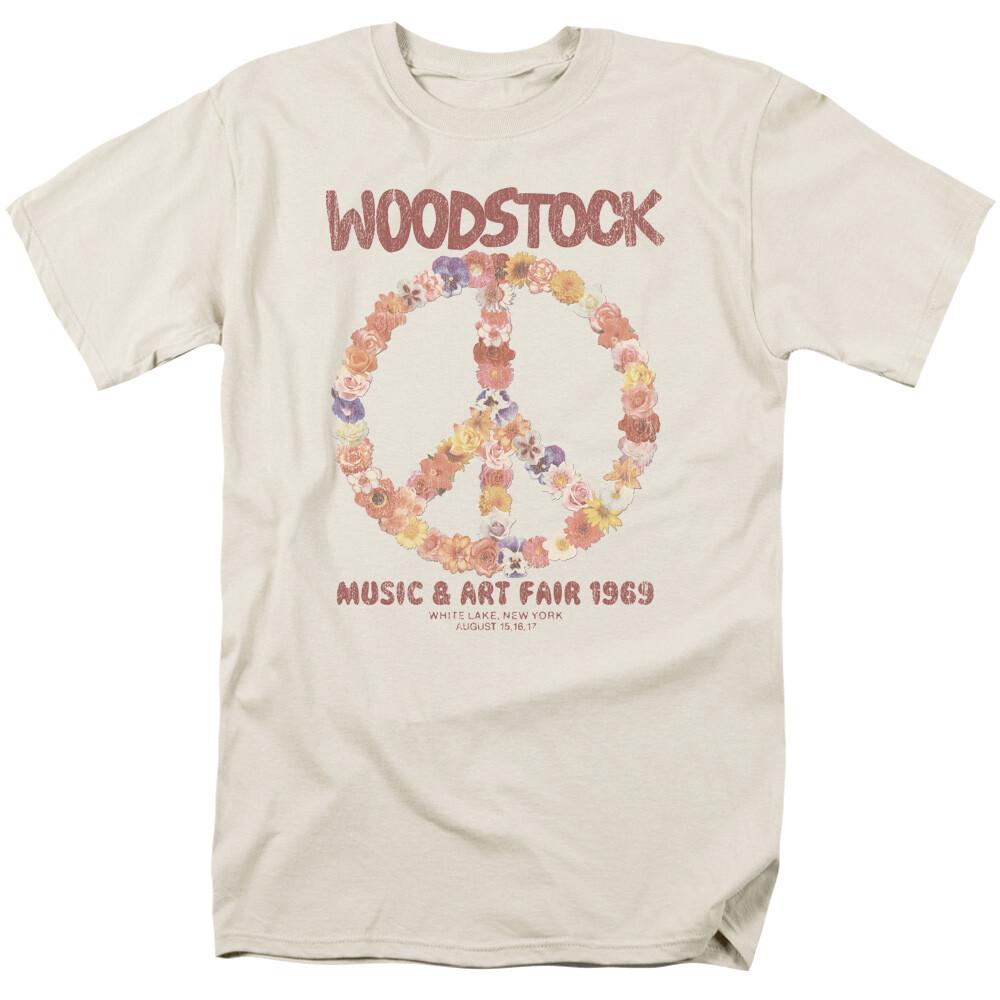 Woodstock Floral Peace T Shirt Mens Licensed 60s Rock Band Festival Tee Cream L
