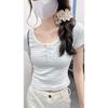 Design sense contrasting color striped U-neck front shoulder short-sleeved T-shirt women's summer new Korean version slim and thin versatile short top