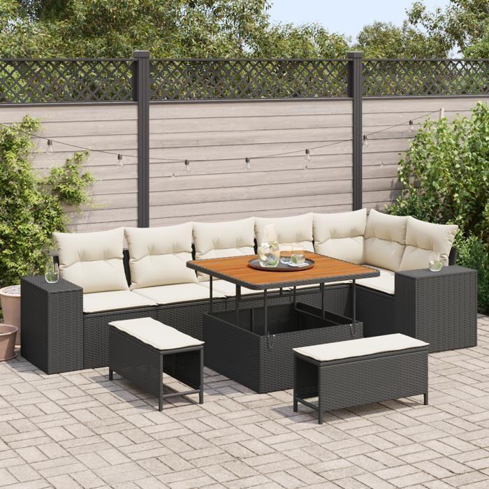 Ensemble de Canapés de Jardin à 9 Pièces en Rattan Poly Noir avec Coussins Crème 3362015