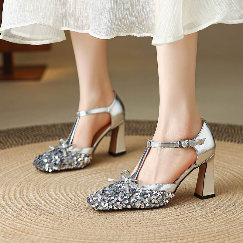Krazing Pot Paillettenstoff Quadratische Zehenpartie Größe 41 High Heels Bling Glänzend Party Hochzeitsschuhe Herbst Schleife Pumps