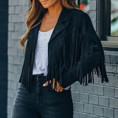 Women's Casual Tassel Jacket Long Sleeve Lapel Fringed Cropped Coat Faux Suede Motorcycle Outwear for Spring Autumn