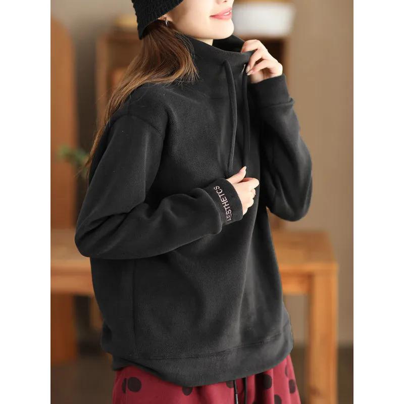 WTEMPO Soild Color Large Size High Collar Thick Drawstring Fleece Pullovers Women Autumn Winter Warm Long Sleeve Pullovers
