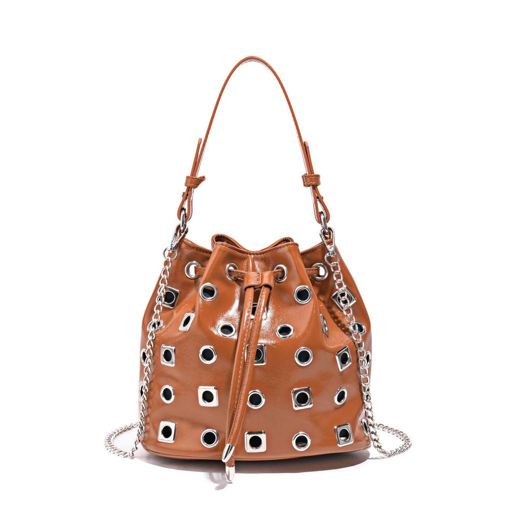 Punk Style Rivet Eyelet Bucket Bag with Chain Crossbody Strap
