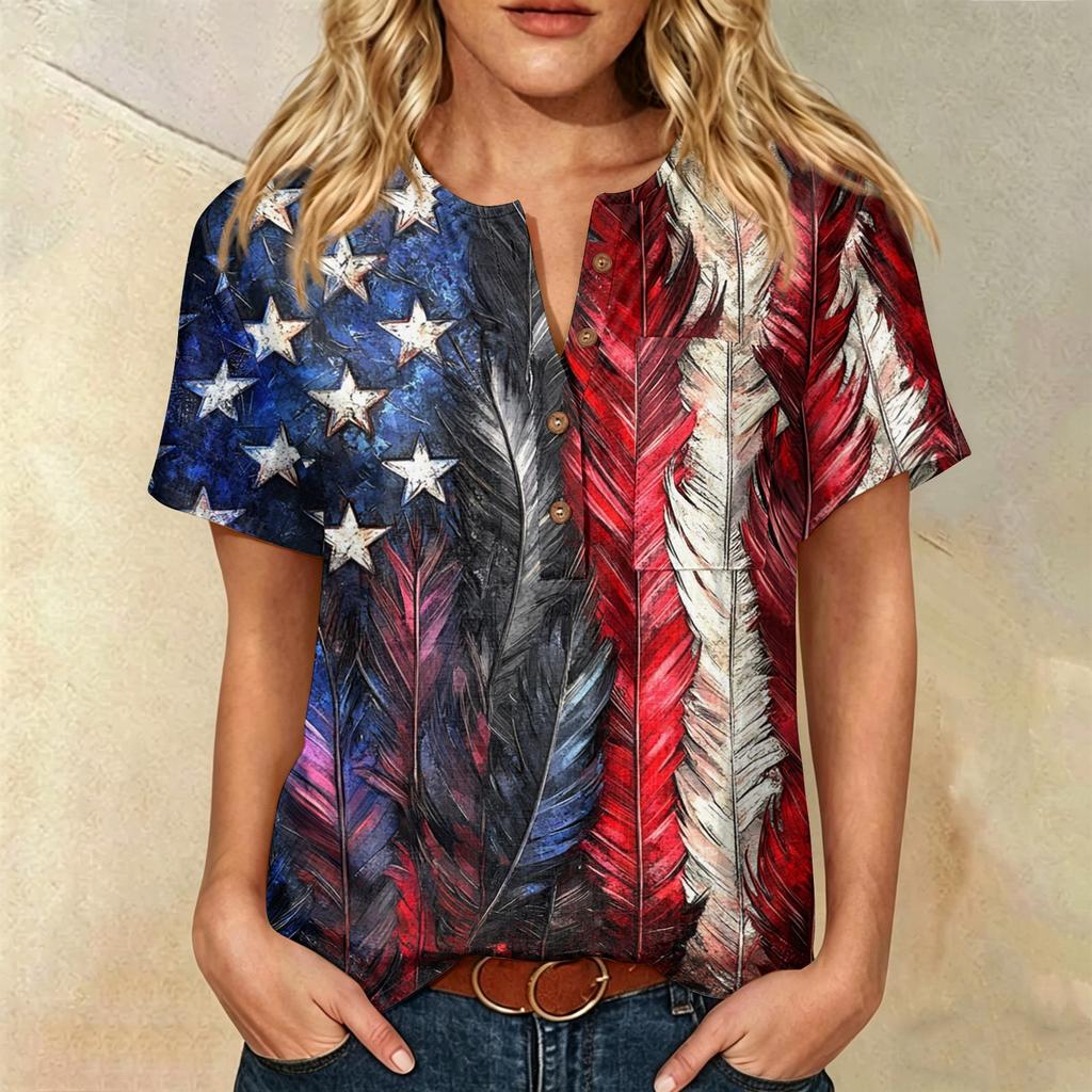 Women’s Casual Henley Button Neck Short Sleeve Cotton Linen Shirt with Chest Pocket and Independence Day Inspired Print Top