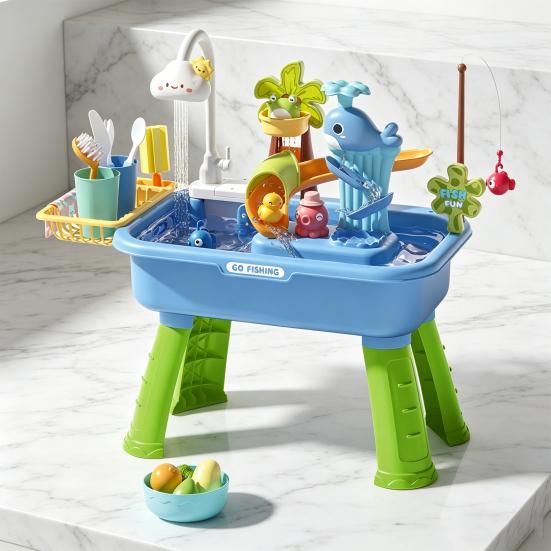 Toddlers Sand And Water Table Toy, with Faucet, Play Food Accessories, Fishing Toy, Kitchen Play Sink Toy with Electric Water Pump for Boys, Girls