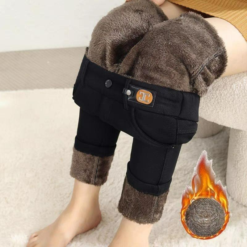 

Женские осенне-зимние брюки из флиса из овечьей шерсти, с высокой посадкой, стрейч, облегающие, тонкие, черные, для тепла, джинсовые, теплые хлопковые брюки 26 чёрный